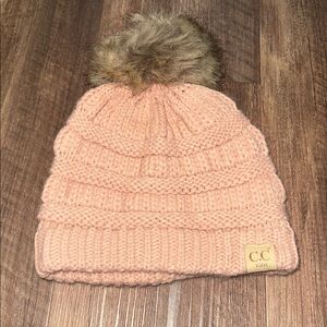 C.C Kids Knit Beanie‎ with Faux Fur Pom - pink